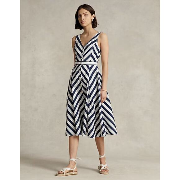 Polo Ralph Lauren Chevron-Stripe Cotton Midi Dress Womens 14 Navy Old Money Prep - Picture 6 of 16